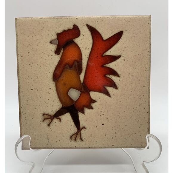 Vintage Hand Painted Steve McVey Clay Rooster Tile Trivet 5.75” Southwestern - Picture 1 of 4